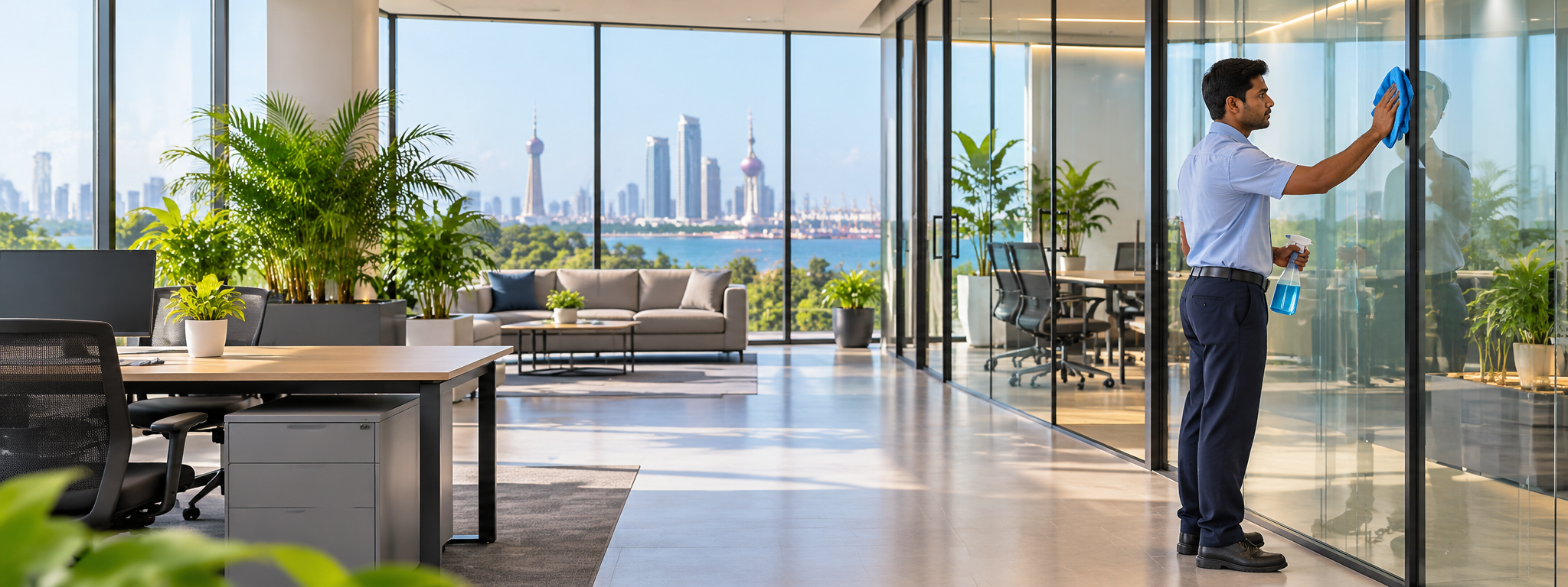 Cleaner maintaining a glass office partition